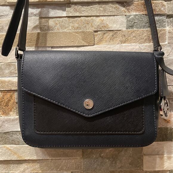 Michael Kors Greenwich Crossbody Navy Black Leather Bag | Silver Hardware NWOT - Picture 1 of 10